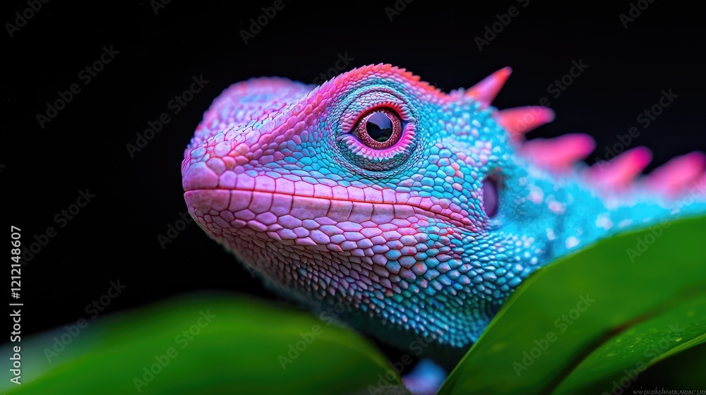 Obraz premium Vibrant blue and pink lizard peeking through green leaves against a dark background.