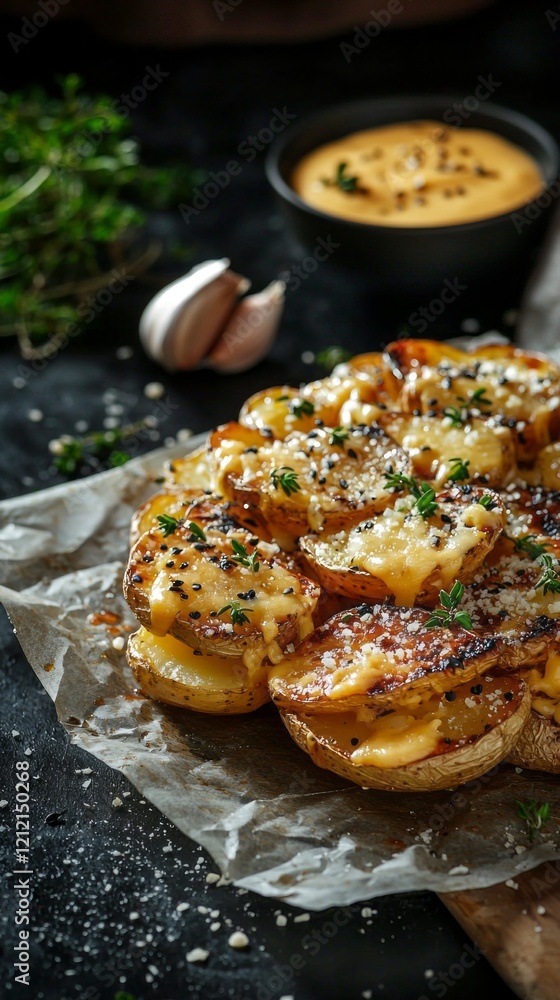 Golden-brown potatoes are layered with melted Parmesan, sprinkled with fresh thyme, and served on parchment paper. The warm atmosphere enhances the comfort of a home-cooked meal Golden-brown potatoes are layered with melted Parmesan, sprinkled with fresh thyme, and served on parchment paper. The warm atmosphere enhances the comfort of a home-cooked meal