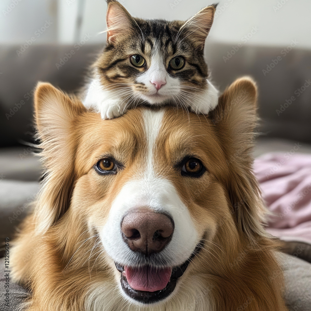 A charming dog with a cat on its head, showcasing a delightful bond between pets. A charming dog with a cat on its head, showcasing a delightful bond between pets.