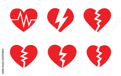 Red broken heart icons set. Cracked heart flat vector icons. Symbol of divorce or heartbreak.