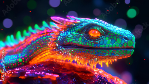 Wallpaper Mural A neon dragon displaying vibrant green and orange scales on a dark backdrop Torontodigital.ca