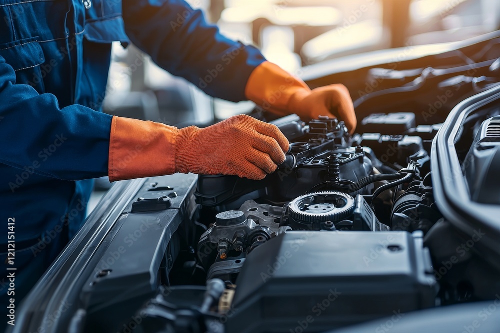 A cross-section view of a car gearbox. Mechanics are working in the garage. A hand mechanic in work clothes. A cross-section view of a car gearbox. Mechanics are working in the garage. A hand mechanic in work clothes.