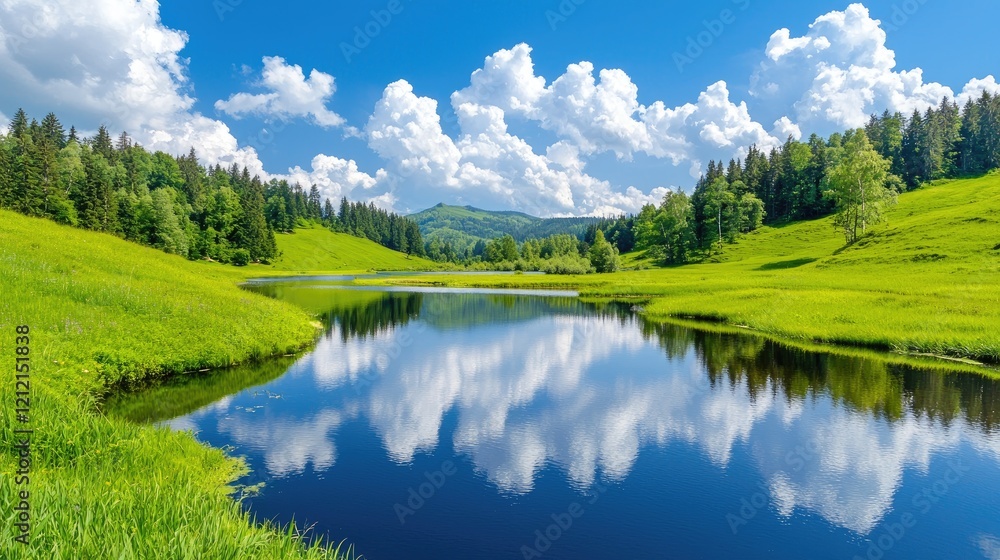 Serene mountain lake reflecting sky, green hills, summer Serene mountain lake reflecting sky, green hills, summer