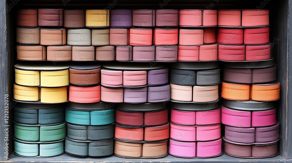 Obraz premium Colorful ribbon rolls arranged in a wooden box