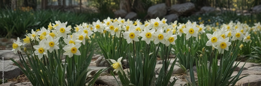 Group of withering narcissus flowers in a botanical garden, fading, wilted, withered, botany Group of withering narcissus flowers in a botanical garden, fading, wilted, withered, botany