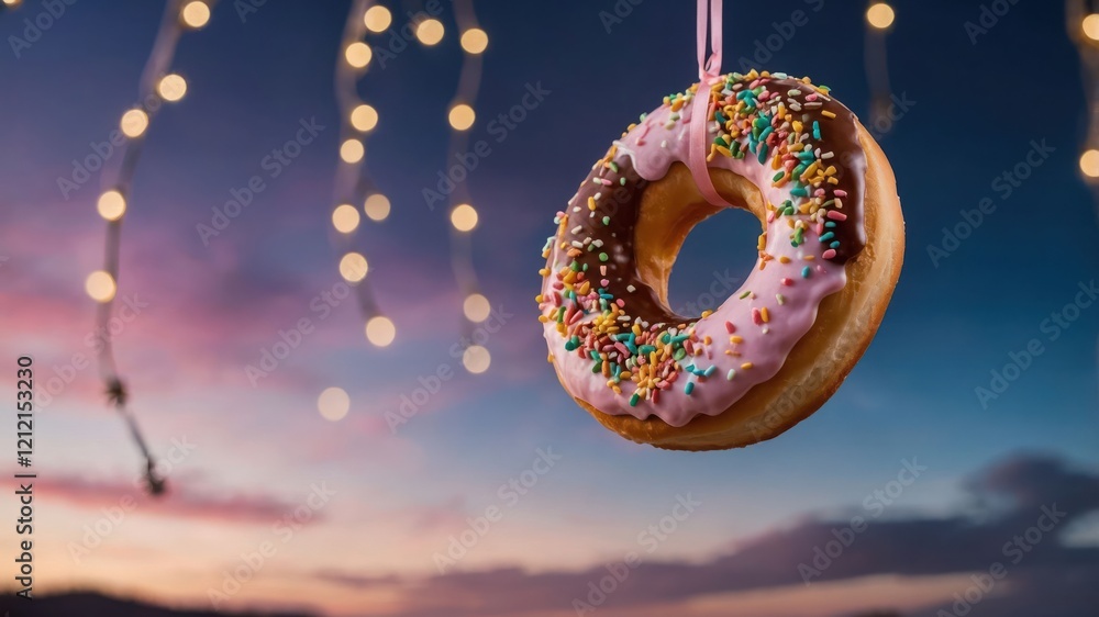 A colorful donut hangs against a sunset backdrop with twinkling lights. A colorful donut hangs against a sunset backdrop with twinkling lights.