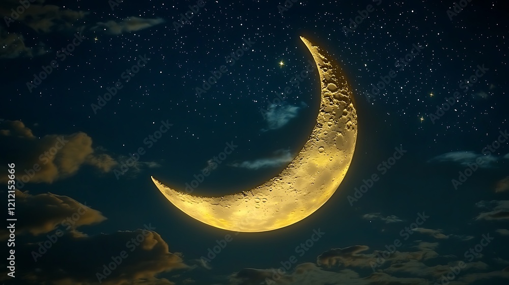 Golden crescent moon in night sky with clouds Golden crescent moon in night sky with clouds