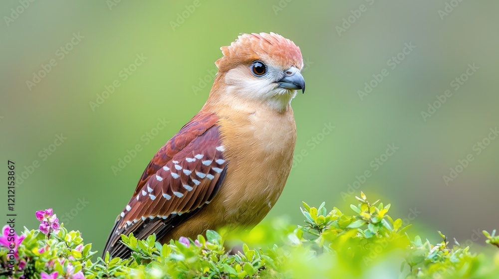 Fototapeta premium Rufous bird with barred wings perches on green foliage with pink flowers in natural daylight.