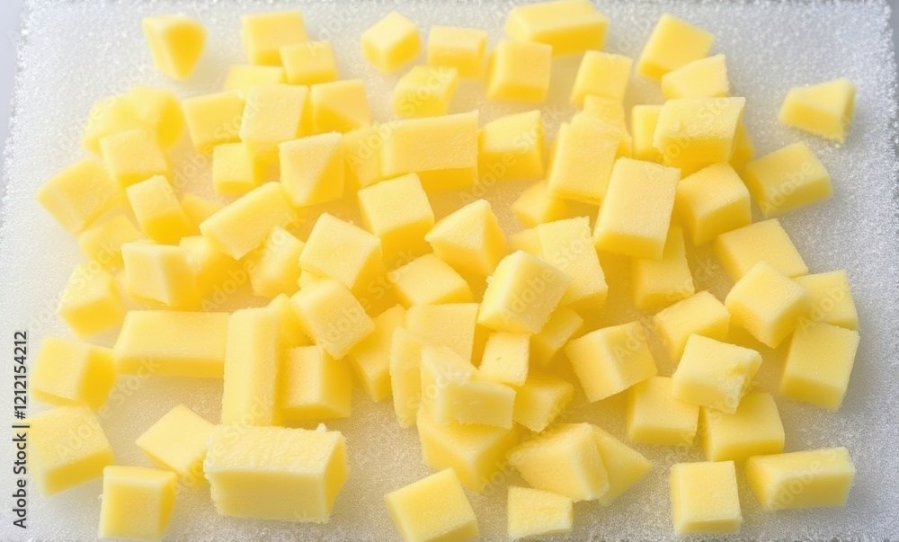 Freshly cut yellow cheese cubes on board Freshly cut yellow cheese cubes on board