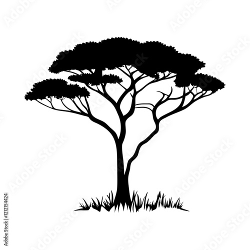 Black silhouette of an acacia tree growing in the african savanna. Isolated tree silhouette. Vector illustration
