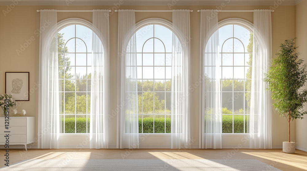 Fototapeta premium Bright Room Design Featuring Arched Windows and Minimalist Decor