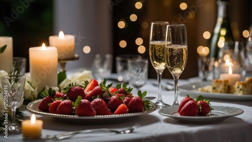 A romantic table setting with strawberries, sparkling drinks, and candles for a celebration.