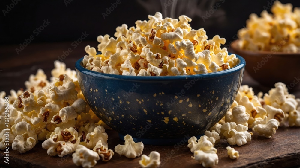 A bowl of popcorn surrounded by scattered pieces, perfect for snacking during movies. A bowl of popcorn surrounded by scattered pieces, perfect for snacking during movies.