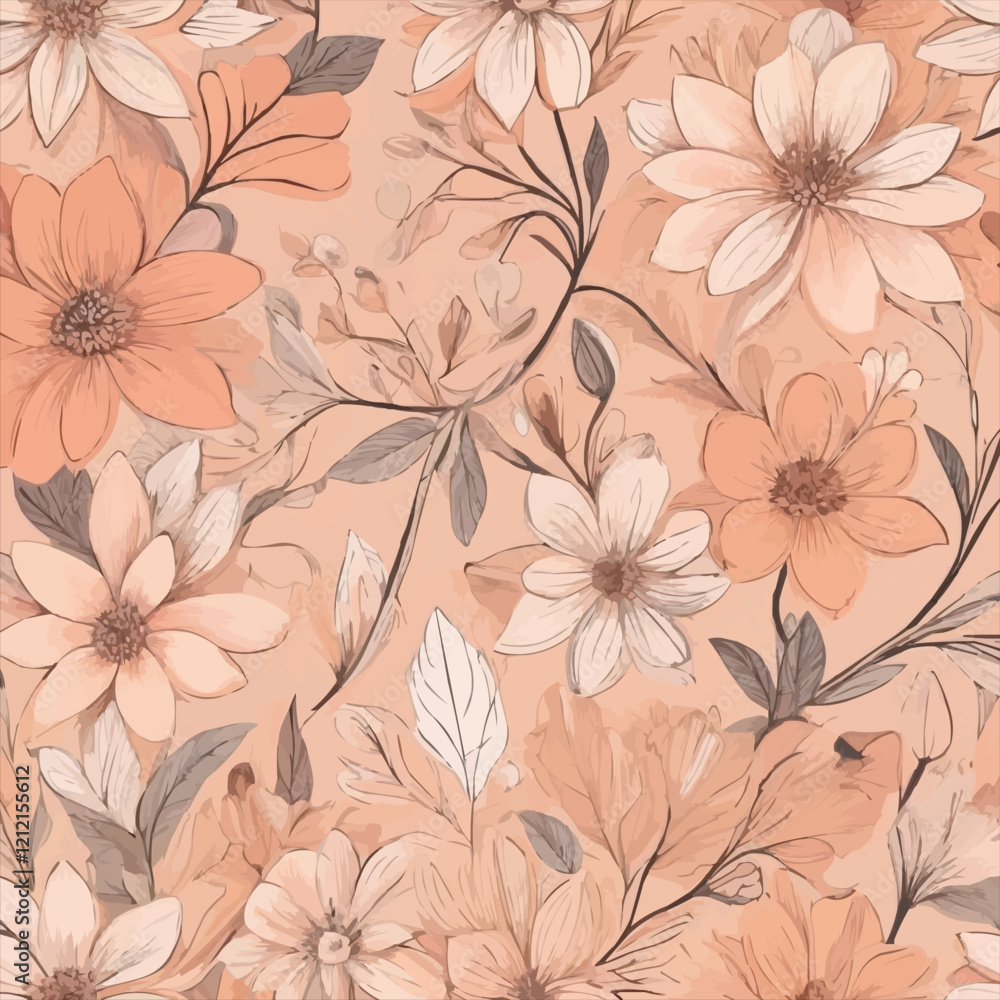 Hand-Drawn Floral Pattern in Peach Tones Hand-Drawn Floral Pattern in Peach Tones