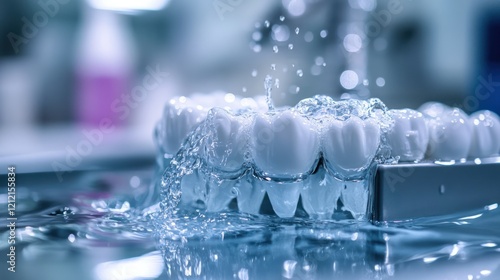 Dental model submerged in water, water splash, dental lab background, cleaning or testing photo