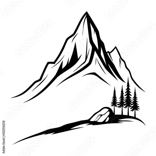 Black and white image of a mountain peak. Rocky cliff. Travel concept. Mountain landscape illustration. Vector illustration