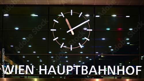 A beautifully designed clock displaying precise time is mounted at Wien Hauptbahnhof station, symbolizing the importance of punctuality and order amidst a bustling environment. photo