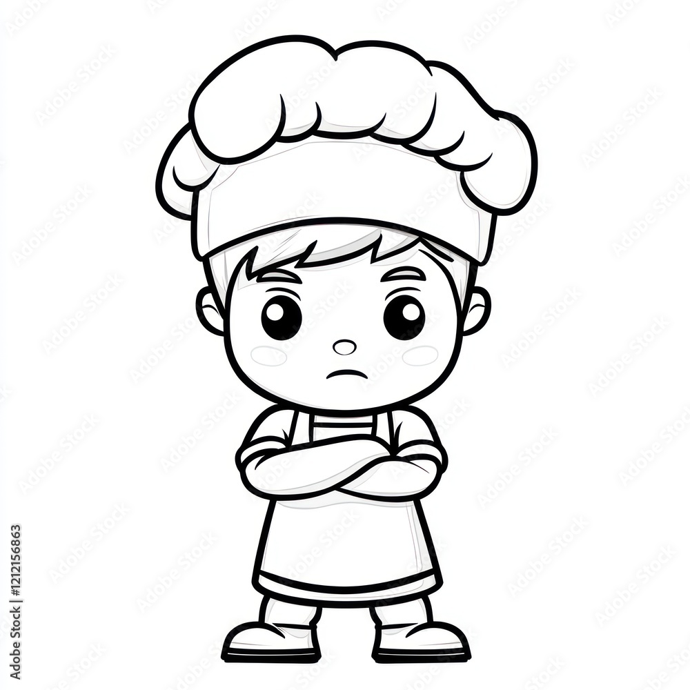 Cartoon chef boy, serious expression, simple design, for kids' content, possible use cookbook or children's book illustration Cartoon chef boy, serious expression, simple design, for kids' content, possible use cookbook or children's book illustration