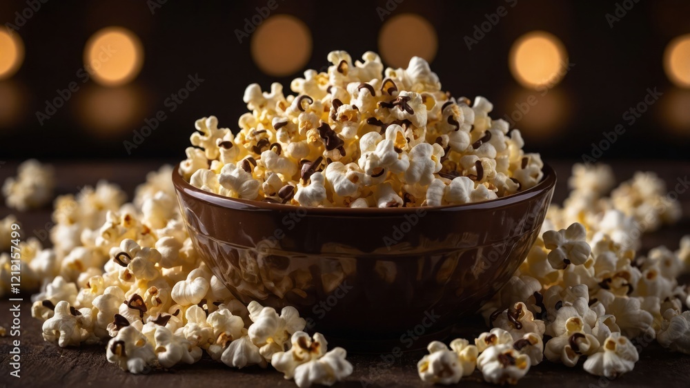 A bowl of popcorn surrounded by scattered kernels, perfect for movie nights. A bowl of popcorn surrounded by scattered kernels, perfect for movie nights.