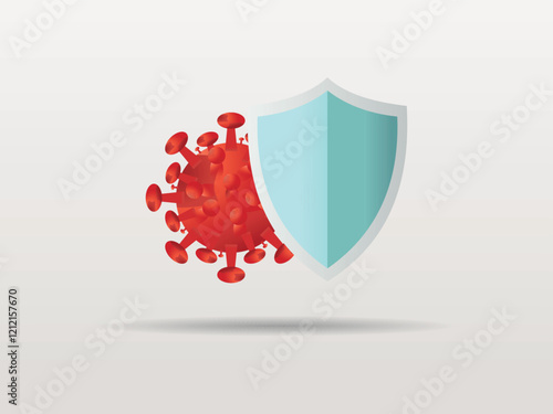 Three-dimensional representation of a red viral particle and a protective shield, symbolizing defense against infections, with a clean and modern graphic style.