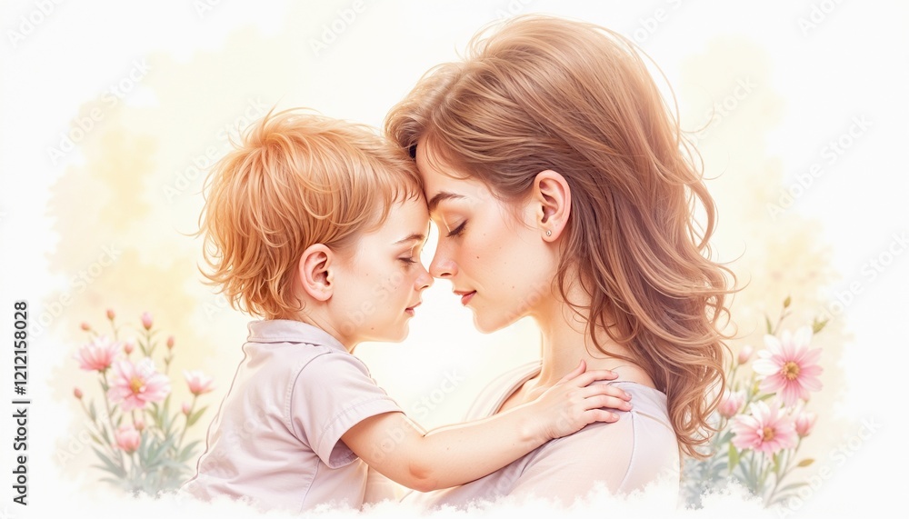 Tender moment between mother and child sharing love and affection amidst blooming flowers Tender moment between mother and child sharing love and affection amidst blooming flowers