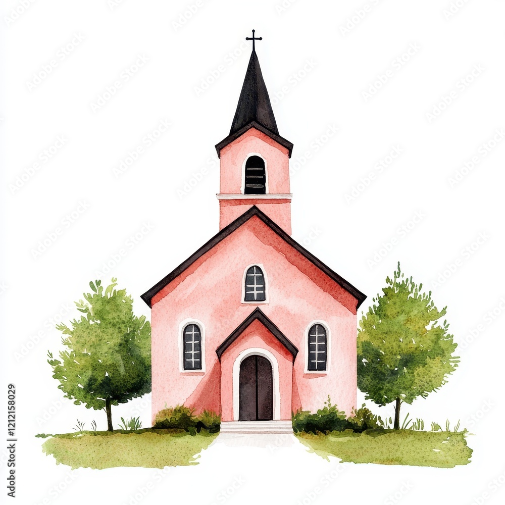 Pink Watercolor Church Building with Trees Steeple and Green Grass Pink Watercolor Church Building with Trees Steeple and Green Grass