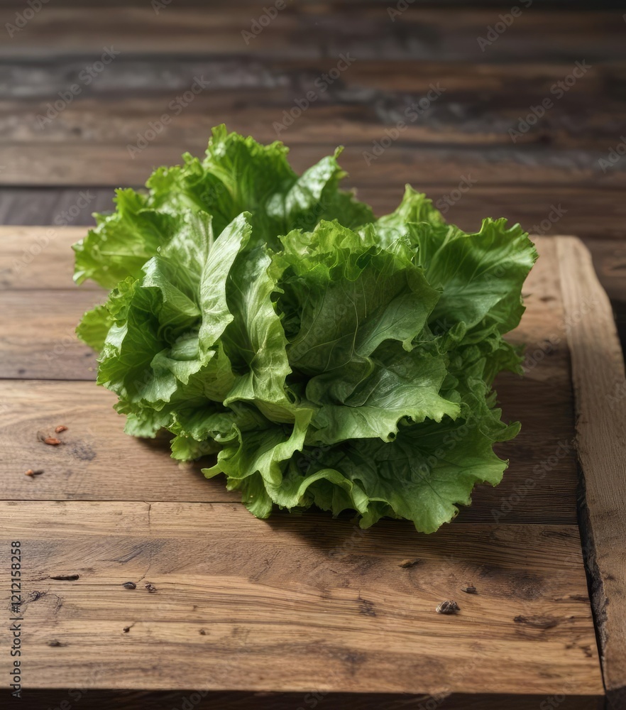 Crinkled Leaf Batavia Lettuce on Wooden Plank, crisp texture, natural leaves, salad greens Crinkled Leaf Batavia Lettuce on Wooden Plank, crisp texture, natural leaves, salad greens