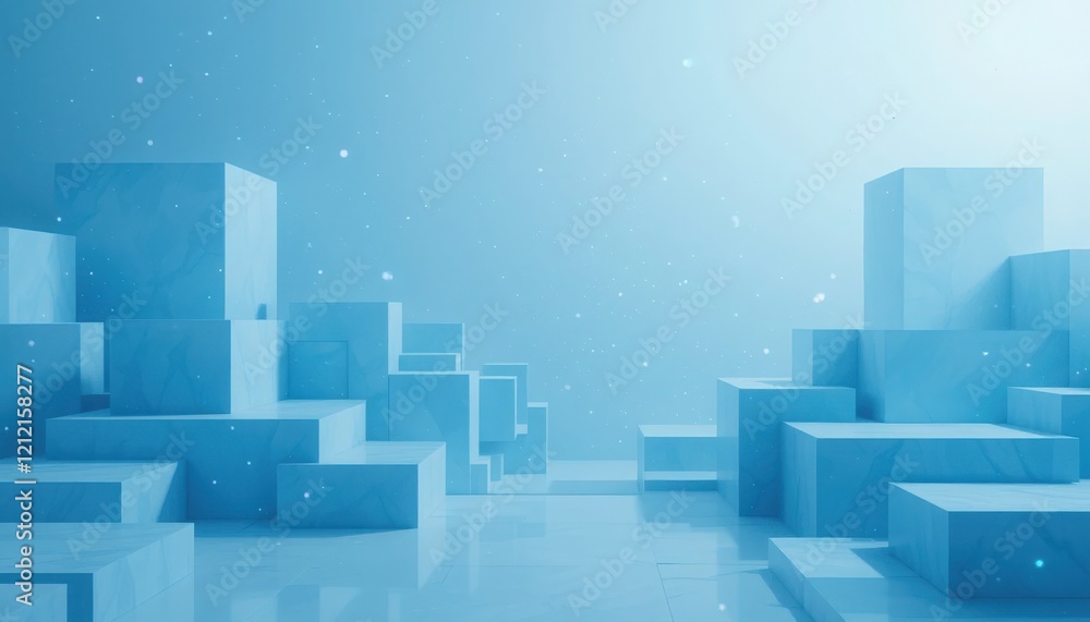 Fototapeta premium Gradually layered blue blocks emerge, creating a serene and modern landscape. Soft light envelops the setting, evoking a sense of calm and innovation