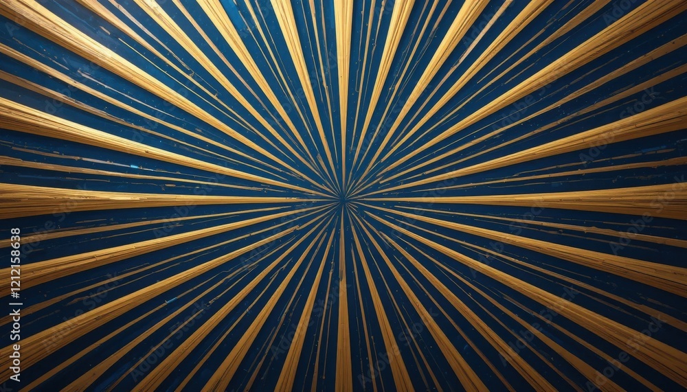Fototapeta premium Golden wooden rays stretch outward from a central point against a deep blue background, presenting a mesmerizing pattern that draws the eye and sparks creativity
