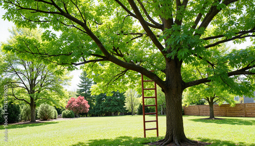 Cherry Tree Pruning. Garden ladder leaning against green tree in sunny springtime, gardening Cherry Tree Pruning. Garden ladder leaning against green tree in sunny springtime, gardening