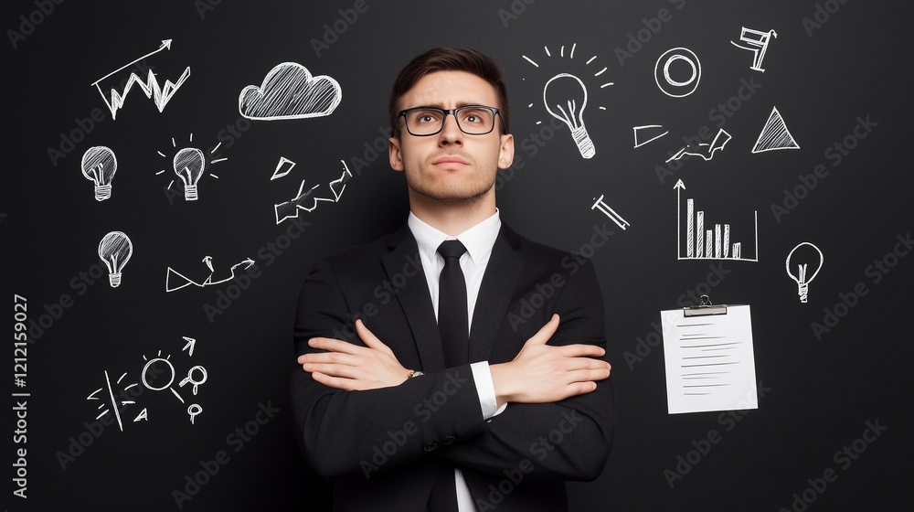 Thoughtful Businessman Contemplating Business Strategies and Ideas on Blackboard Thoughtful Businessman Contemplating Business Strategies and Ideas on Blackboard