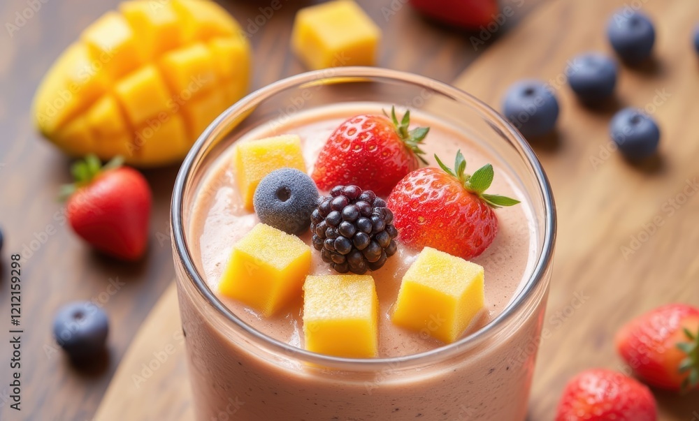 Colorful fruit smoothie with fresh toppings Colorful fruit smoothie with fresh toppings