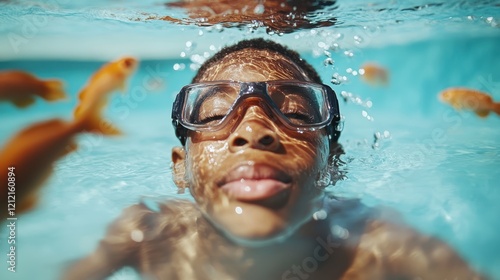 A young boy floating in a pool, closing his eyes, while colorful goldfish swim around him, showcasing serenity and connection with nature in a refreshing atmosphere. photo