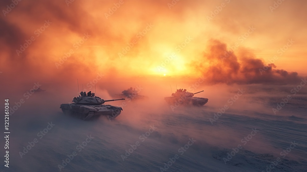 A photograph of the Russian army's tank assault in winter, with tanks moving on an icy field during dawn. A photograph of the Russian army's tank assault in winter, with tanks moving on an icy field during dawn.