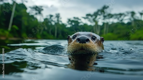 A photograph of a giant river otter swimming through the Amazon River, with ripples in the water.  photo