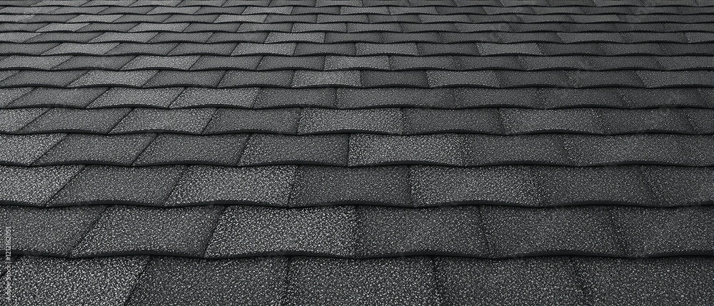 Dark grey asphalt shingles with black granules on a pitched roof, roofing, black, weathered Dark grey asphalt shingles with black granules on a pitched roof, roofing, black, weathered