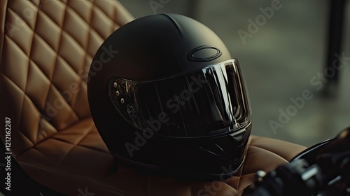 Black Motorcycle Helmet Rests on Brown Leather Seat photo