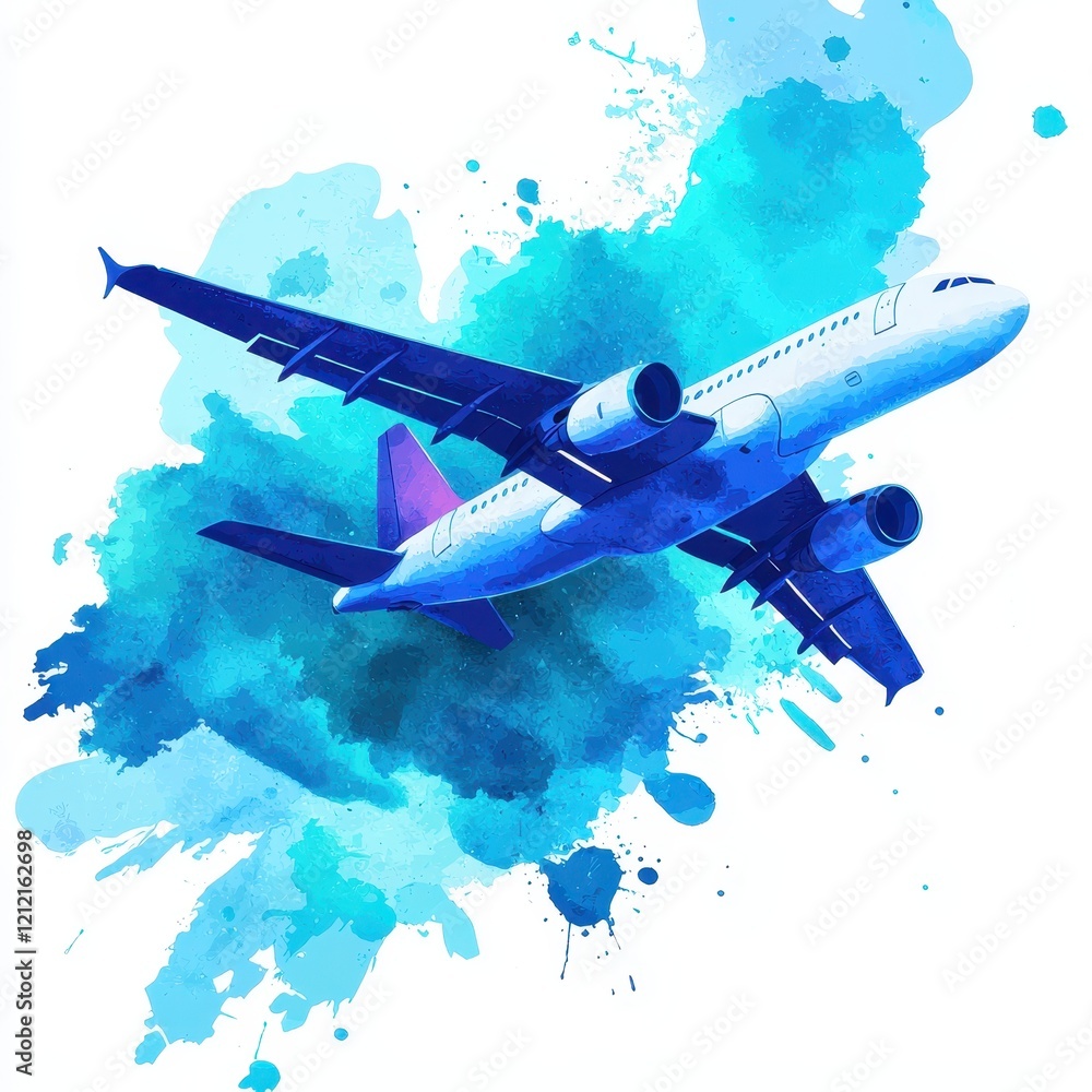 Fototapeta premium Airplane in Flight Watercolor Style Air Travel Journey Aviation
