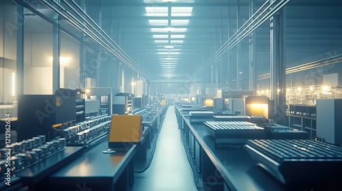 A wide-angle shot of a factoryâ€™s production department, with assembly lines creating a high volume of products efficiently.  photo