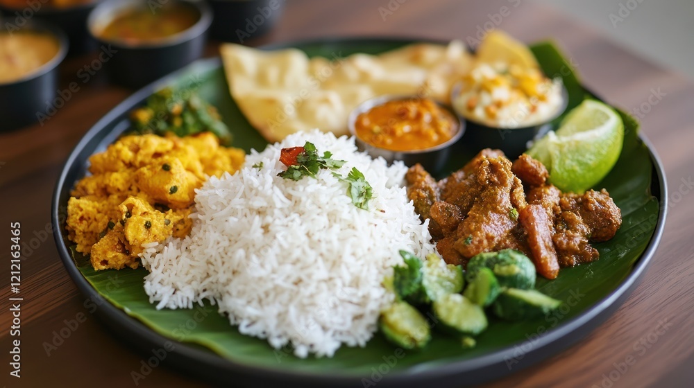Eco-conscious Indian food served on biodegradable or artisanal plates. Eco-conscious Indian food served on biodegradable or artisanal plates.