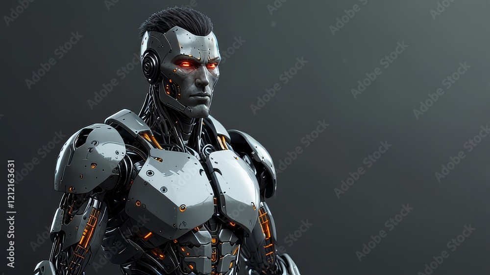 AI technology, sci fi and cyborg man, futuristic robot or fantasy warrior character for RPG, gaming or cyberpunk. Studio machine, android transformation or robotic humanoid model on grey background AI technology, sci fi and cyborg man, futuristic robot or fantasy warrior character for RPG, gaming or cyberpunk. Studio machine, android transformation or robotic humanoid model on grey background