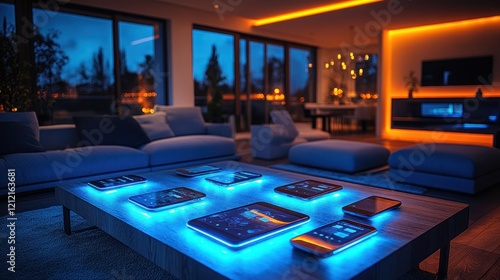 Smart home living room at night with illuminated devices on coffee table