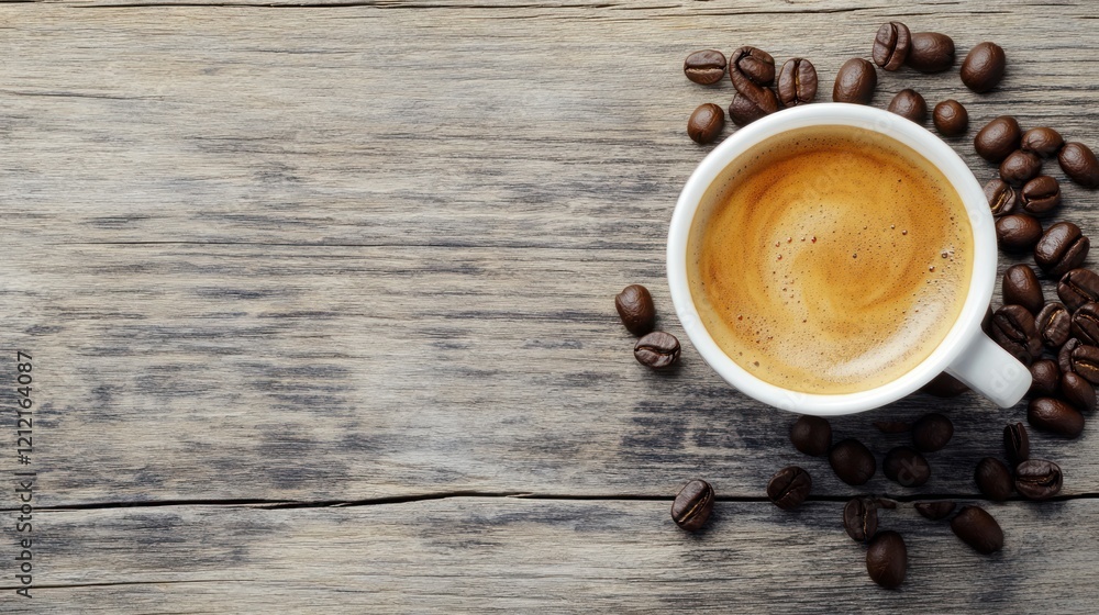 Aromatic Espresso: Coffee Beans and Cup on Rustic Wood