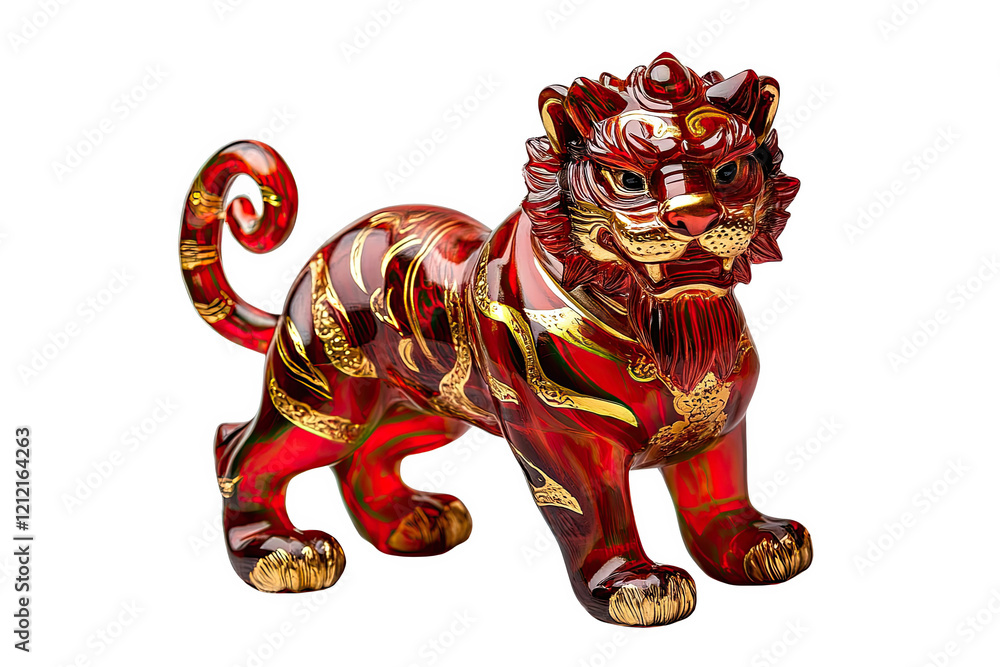 Fototapeta premium Red Tiger Statue: A bold and vibrant red tiger statue with intricate gold detailing, exudes power and strength, symbolizing courage and prosperity.