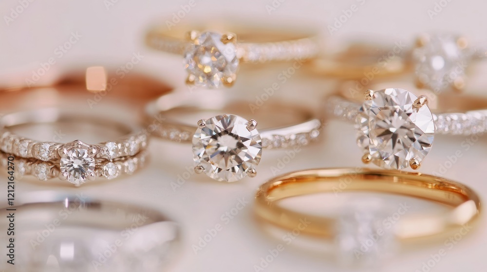 Elegant diamond engagement rings showcasing sparkling solitaire cuts in timeless designs on a solid white background. Elegant diamond engagement rings showcasing sparkling solitaire cuts in timeless designs on a solid white background.