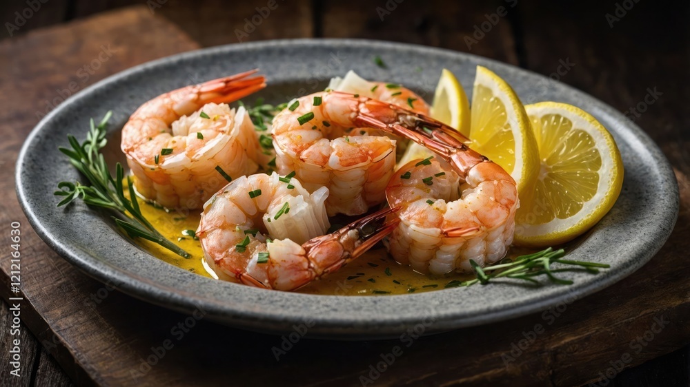 A plate of shrimp garnished with lemon and herbs, showcasing a delicious seafood dish. A plate of shrimp garnished with lemon and herbs, showcasing a delicious seafood dish.