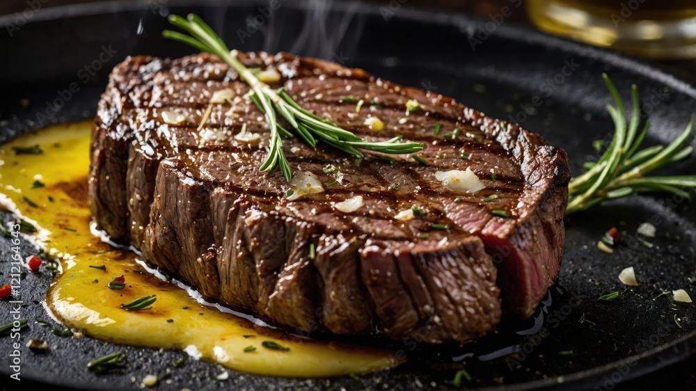 A perfectly cooked steak garnished with herbs and butter, served on a sizzling plate. A perfectly cooked steak garnished with herbs and butter, served on a sizzling plate.