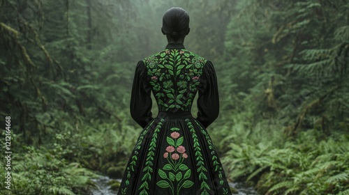 A woman in a richly embroidered emeraldgreen dress wanders a lush sundappled forest photo