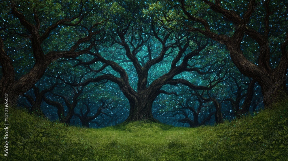 Enchanting Night Forest with Glowing Lights and Lush Grass Enchanting Night Forest with Glowing Lights and Lush Grass