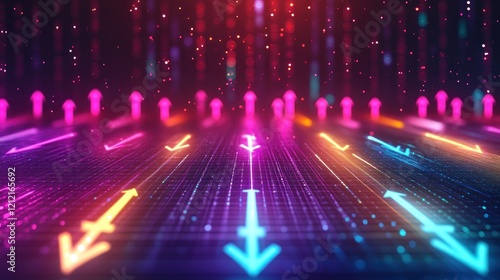 A vibrant digital scene featuring colorful arrows and binary elements  symbolizing data flow.